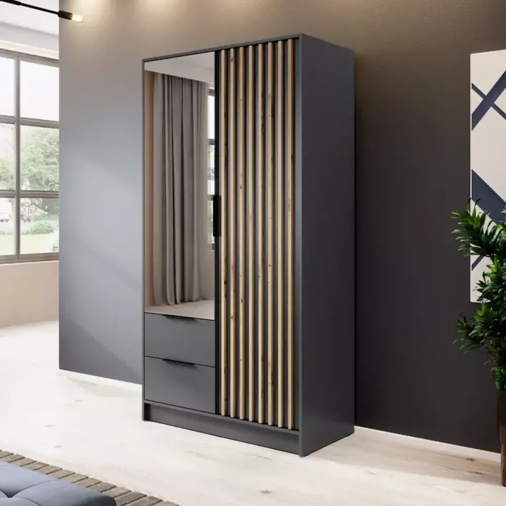 Meble Młodzieżowe|Zestawy Mebli Do Przedpokoju>PIASKI Szafa z lustrem grafit KELLY