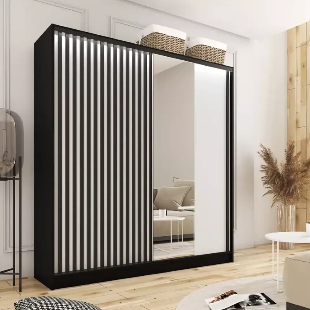 Zestawy Mebli Do Przedpokoju|Szafy Trzydrzwiowe>BROMARKT Szafa z lustrem i lamelowymi drzwiami 180 cm LAMEL 3D