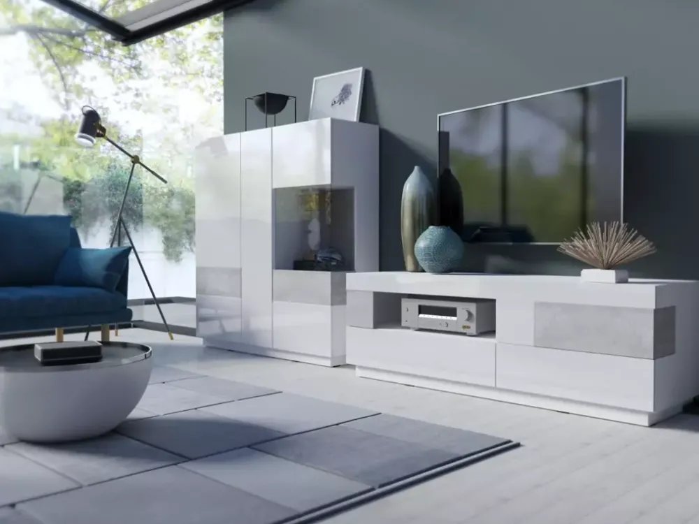 Szafki Rtv>Helvetia Szafka rtv 160 cm KOBE biały połysk i beton