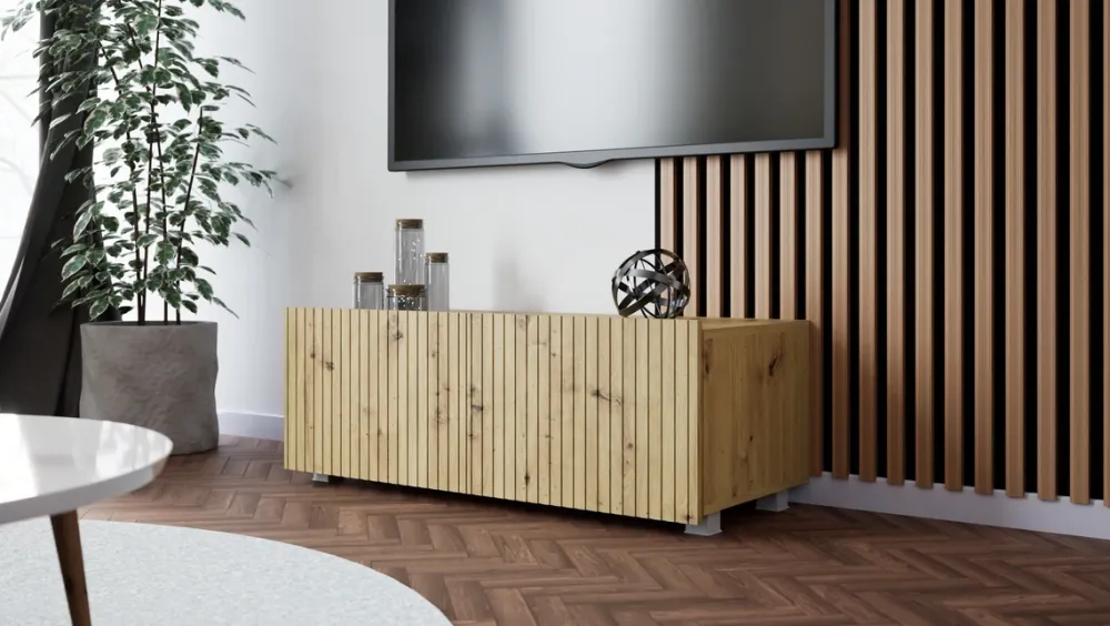 Szafki Rtv>GiB Meble Szafka RTV nowoczesna 100 cm z ryflowanymi frontami KORDIS dąb artisan