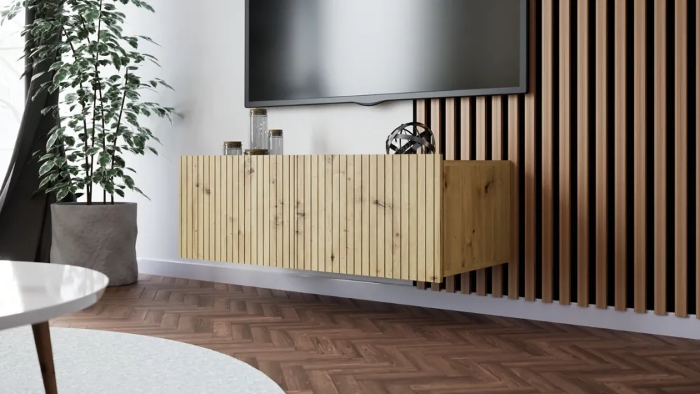 Szafki Rtv>GiB Meble Szafka RTV nowoczesna 100 cm z ryflowanymi frontami KORDIS dąb artisan