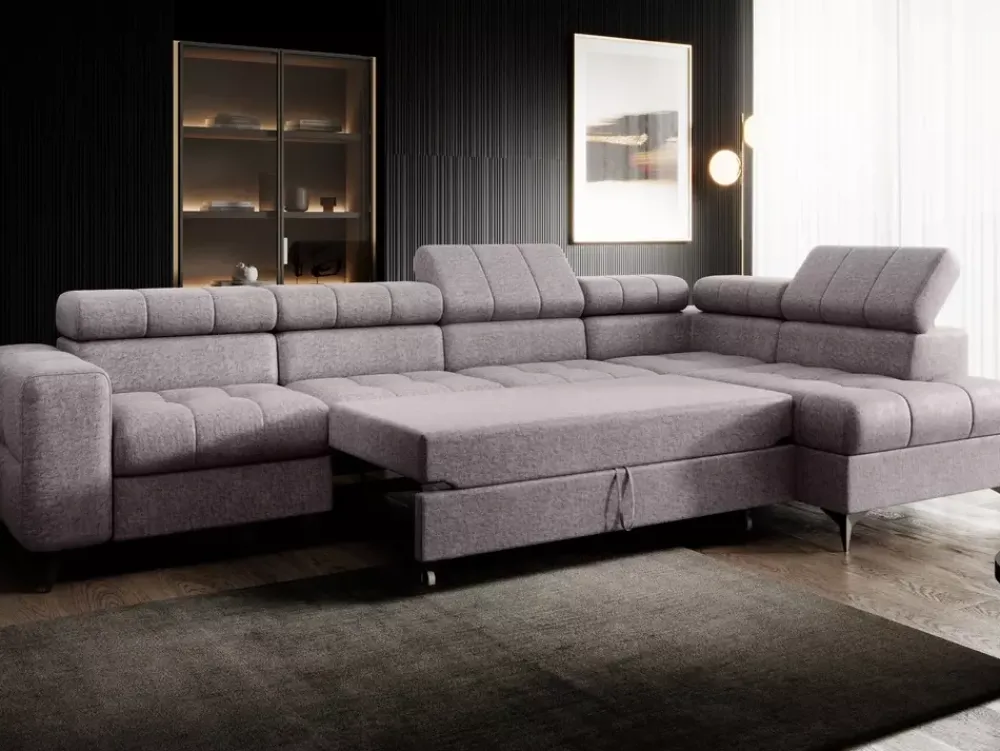 Narożniki>NEXT COLLECTION Szara rogówka w stylu nowoczesnym z regulowanymi zagłówkami POLA funkcja spania pianka HR