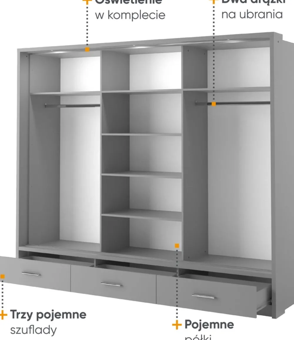 Zestawy Mebli Do Sypialni|Szafy Trzydrzwiowe>lenart. Szara szafa przesuwna z lustrem i szufladami 250 cm ARTI szary