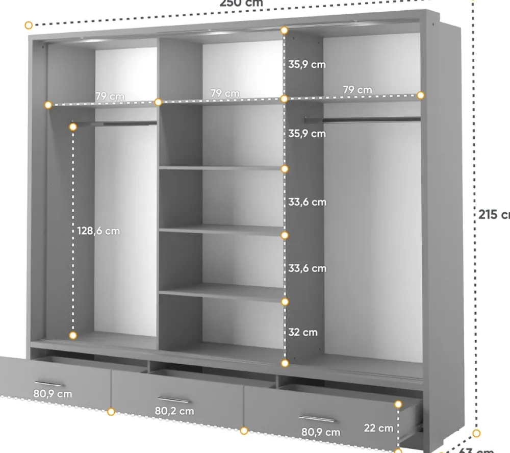 Zestawy Mebli Do Sypialni|Szafy Trzydrzwiowe>lenart. Szara szafa przesuwna z lustrem i szufladami 250 cm ARTI szary