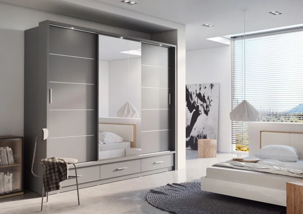 Zestawy Mebli Do Sypialni|Szafy Trzydrzwiowe>lenart. Szara szafa przesuwna z lustrem i szufladami 250 cm ARTI szary