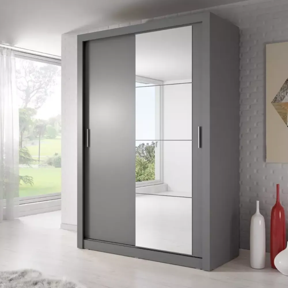 Szafy Przesuwne>lenart. Szara szafa przesuwna z lustrem 150 cm półki drążek ARTI szary