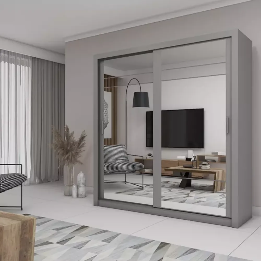 Zestawy Mebli Do Sypialni|Szafy Dwudrzwiowe>lenart. Szara szafa przesuwna z półkami 200 cm lustro ARTI szary