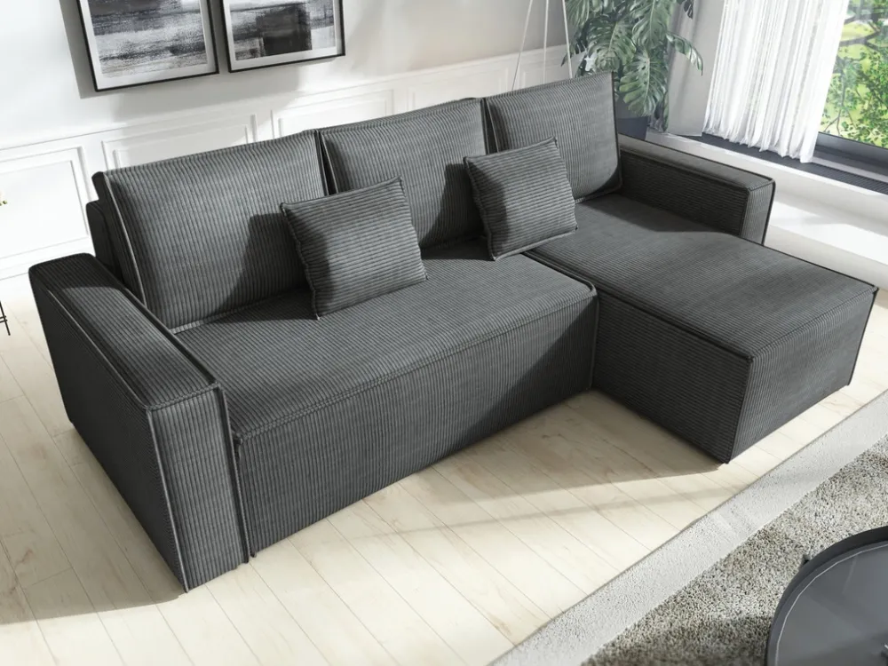 Narożniki>IZABELLA MEBLE Szara sztruksowa rozkładana kanapa narożna z funkcją spania DEXTER