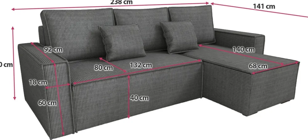 Narożniki>IZABELLA MEBLE Szara sztruksowa rozkładana kanapa narożna z funkcją spania DEXTER