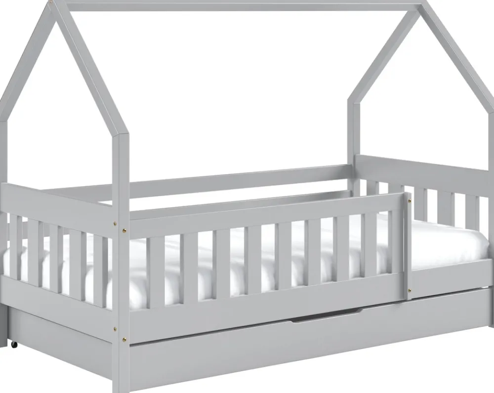 Łóżka Dziecięce|Łóżka Ze Stelażem>Meblomal Szare łóżko domek z drewna sosnowego z szufladą i barierką 80x190 cm MELANIA szary