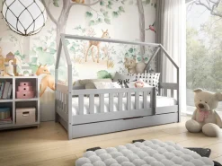 Łóżka Dziecięce|Łóżka Ze Stelażem>Meblomal Szare łóżko domek z drewna sosnowego z szufladą i barierką 80x190 cm MELANIA szary