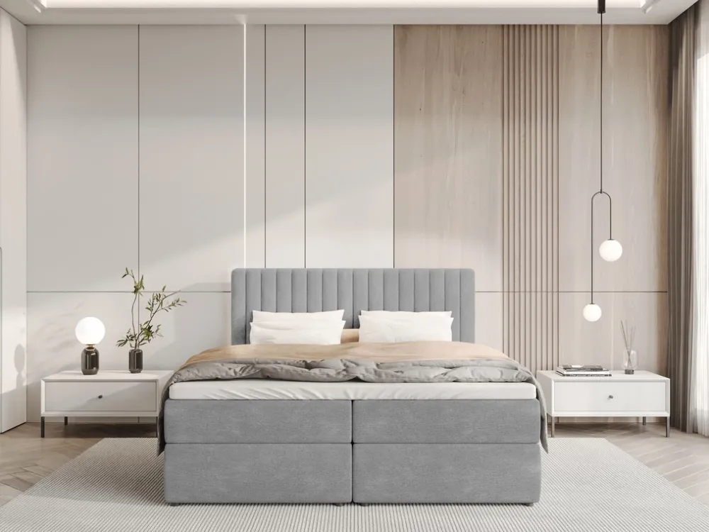 Meble Młodzieżowe|Łóżka Młodzieżowe>BROMARKT Szare łóżko kontynentalne 140x200 cm z pojemnikiem na pościel DREAM