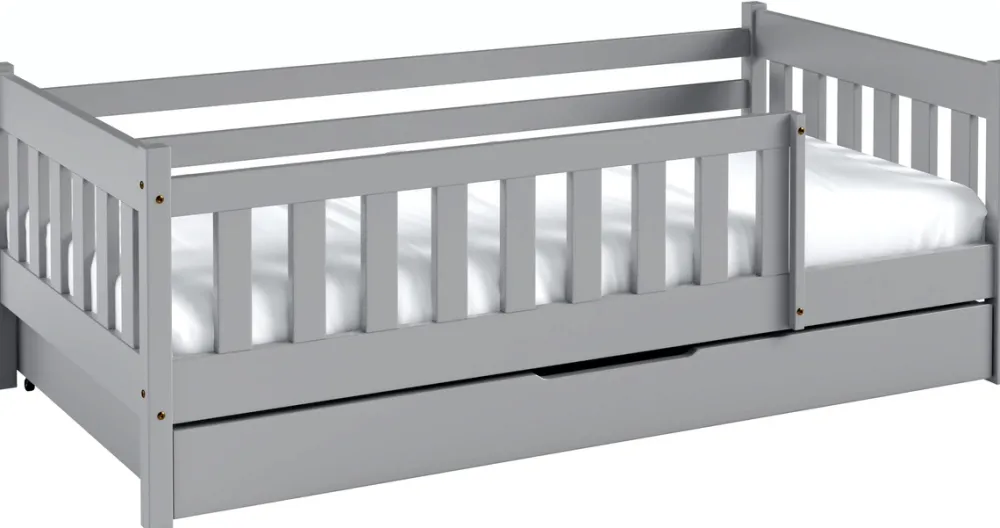 Meble Dla Dzieci|Łóżka Dziecięce>Meblomal Szare łóżko z barierką i szufladą do pokoju dziecięcego z drewna sosnowego 80x190 cm NEBULA szary