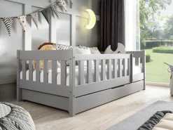 Meble Dla Dzieci|Łóżka Dziecięce>Meblomal Szare łóżko z barierką i szufladą do pokoju dziecięcego z drewna sosnowego 80x190 cm NEBULA szary