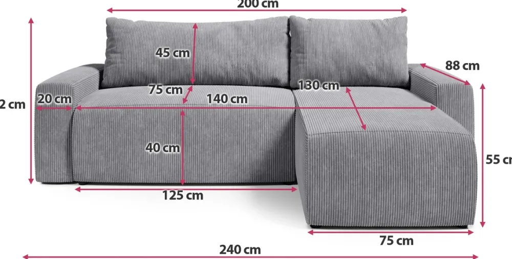 Meble Dla Dzieci|Meble Młodzieżowe>BROMARKT Szary narożnik sztruksowy z funkcją spania i pojemnikiem PLUSH L