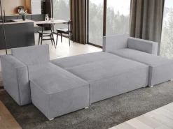 Narożniki>BROMARKT Szary narożnik z funkcją spania TOP U sztruks pojemnik na pościel