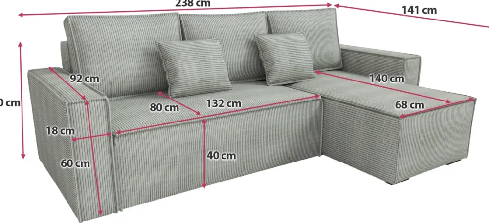 Narożniki>IZABELLA MEBLE Szary nowoczesny narożnik sztruksowy z funkcją spania DEXTER