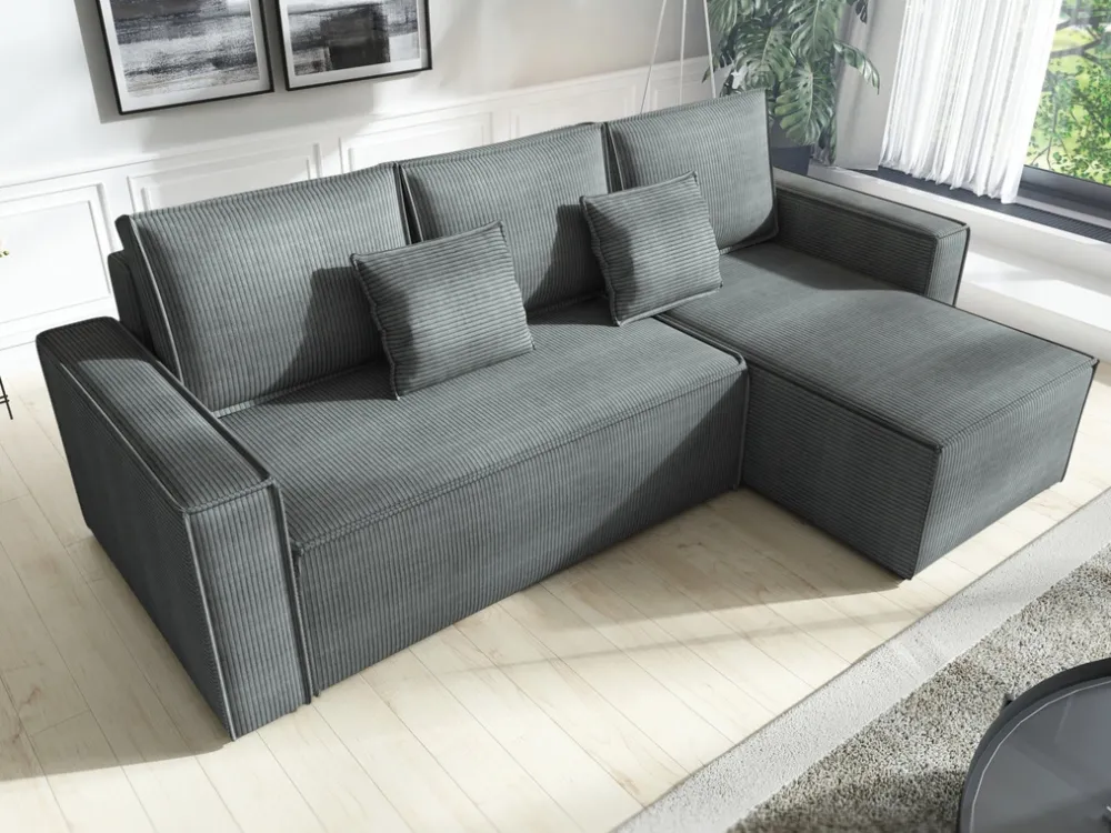 Narożniki>IZABELLA MEBLE Szary nowoczesny narożnik sztruksowy z funkcją spania DEXTER