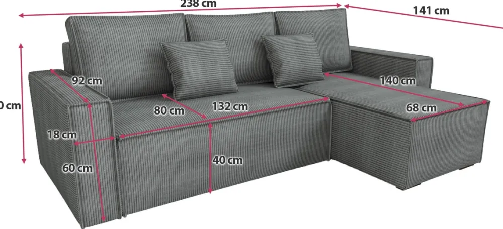 Narożniki>IZABELLA MEBLE Szary nowoczesny narożnik sztruksowy z funkcją spania DEXTER