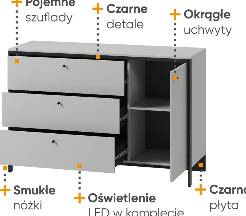 Zestawy Mebli Do Sypialni|Komody>lenart. Szeroka komoda z szufladami do sypialni 136 cm GRIS