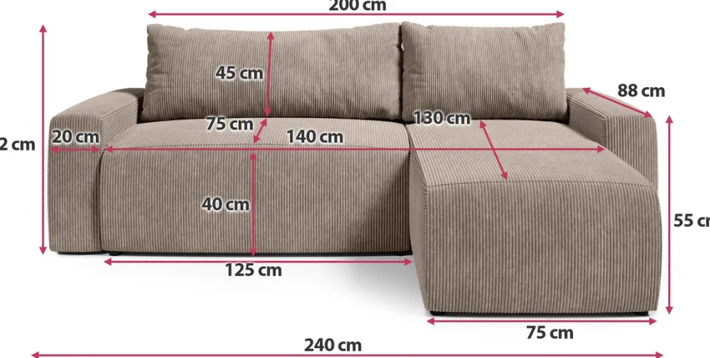 Meble Dla Dzieci|Meble Młodzieżowe>BROMARKT Sztruksowa rogówka z funkcją spania i pojemnikiem PLUSH L beż