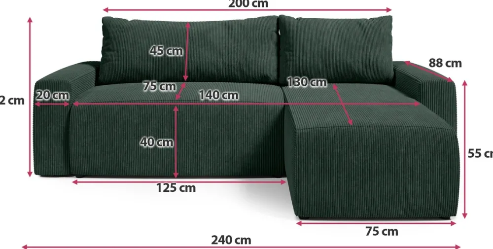 Meble Dla Dzieci|Meble Młodzieżowe>BROMARKT Sztruksowa rogówka z funkcją spania i pojemnikiem PLUSH L zieleń