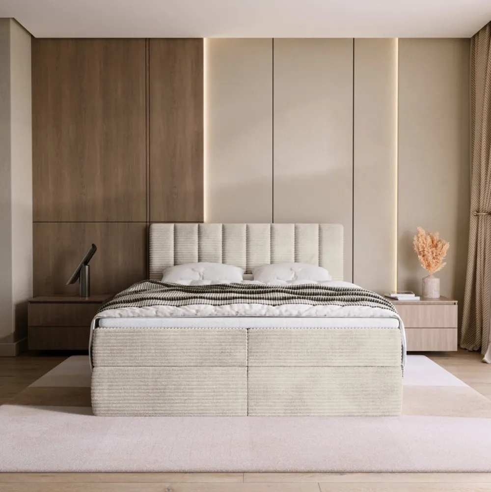 Łóżka Małżeńskie|Łóżka Ze Stelażem>BROMARKT Sztruksowe beżowe łóżko kontynentalne 180x200 cm DENVER