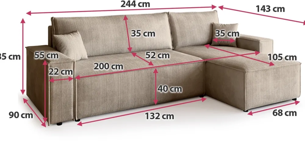 Meble Dla Dzieci|Meble Młodzieżowe>BROMARKT Sztruksowy narożnik z funkcją spania ADI pojemnik na pościel