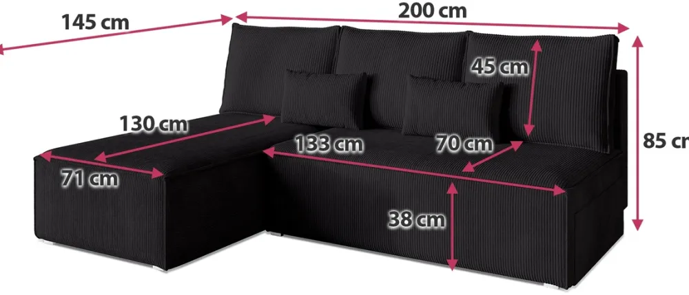 Meble Dla Dzieci|Meble Młodzieżowe>BROMARKT Sztruksowy rozkładany narożnik do salonu z funkcją spania czarny TOP SLIM