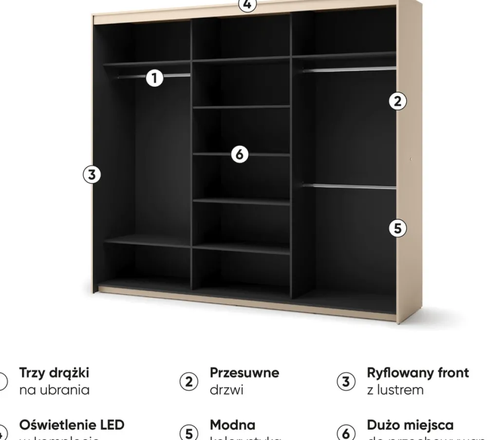 Zestawy Mebli Do Sypialni|Szafy Do Przedpokoju>lenart. Trzydrzwiowa duża szafa przesuwna do sypialni 250 cm z lustrem beżowa