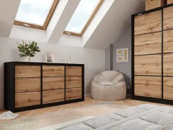 Komody></noscript>BROMARKT Trzydrzwiowa komoda do sypialni 180 cm z drążkiem LOFT