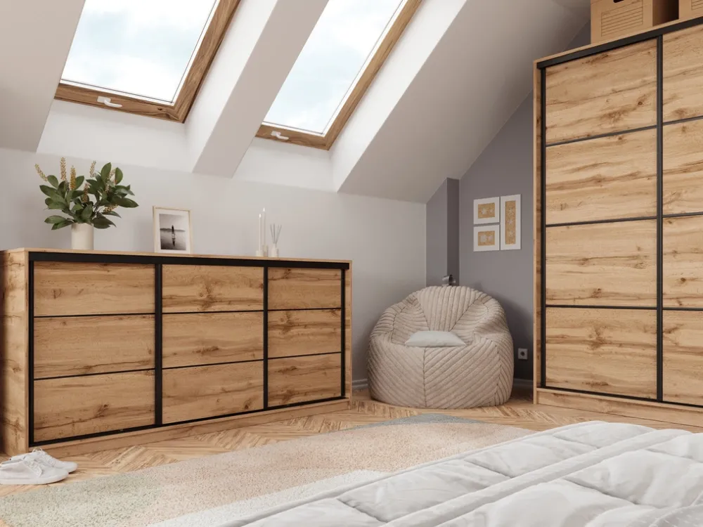 Komody>BROMARKT Trzydrzwiowa komoda przesuwna do sypialni 200 cm LOFT dąb wotan