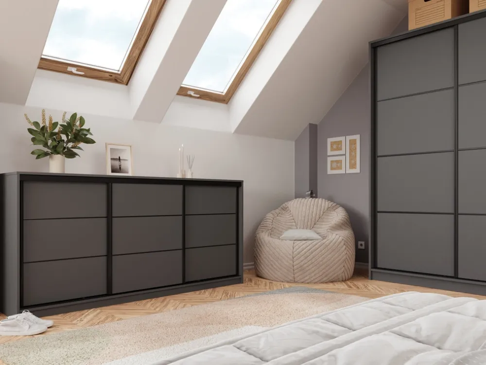 Komody>BROMARKT Trzydrzwiowa komoda przesuwna do sypialni 200 cm LOFT grafit