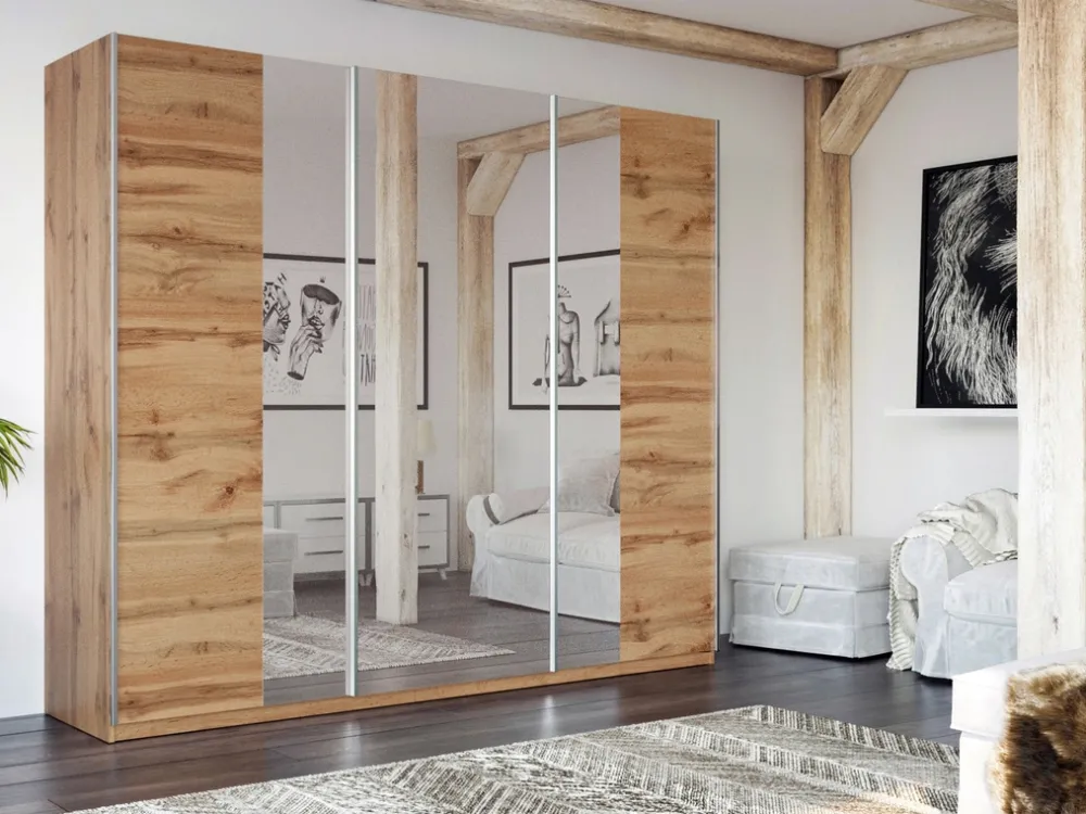 Szafy Trzydrzwiowe|Szafy Z Lustrem>Stolar Trzydrzwiowa szafa przesuwna z lustrem 250 cm PARDO dąb wotan