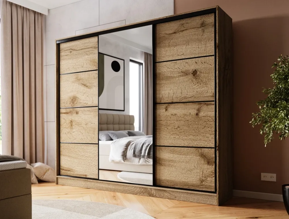 Zestawy Mebli Do Przedpokoju|Szafy Trzydrzwiowe>BROMARKT Trzydrzwiowa szafa przesuwna z lustrem 235 cm BEST dąb wotan