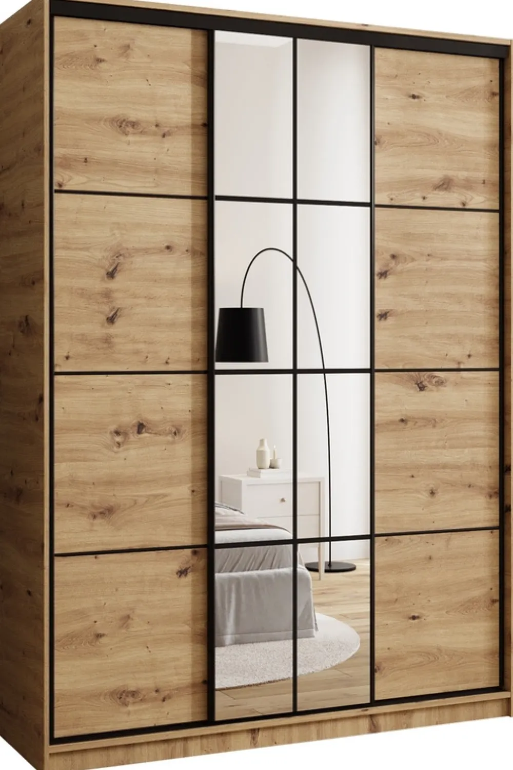 Zestawy Mebli Do Przedpokoju|Szafy Trzydrzwiowe>BROMARKT Trzydrzwiowa szafa przesuwna z lustrem 150 cm do sypialni EDGE dąb artisan