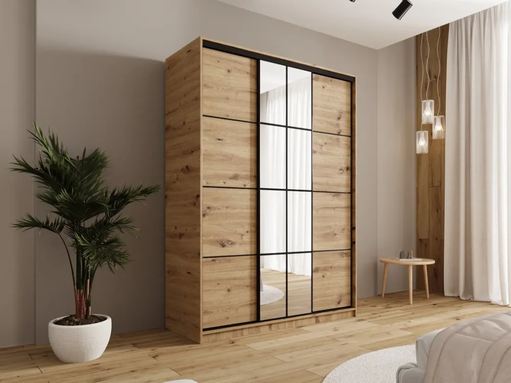 Zestawy Mebli Do Przedpokoju|Szafy Trzydrzwiowe>BROMARKT Trzydrzwiowa szafa przesuwna z lustrem 150 cm do sypialni EDGE dąb artisan