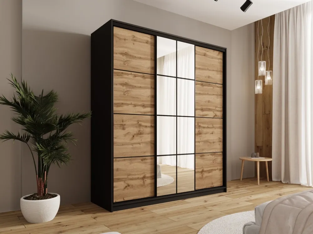 Zestawy Mebli Do Przedpokoju|Szafy Trzydrzwiowe>BROMARKT Trzydrzwiowa szafa przesuwna 180 cm z lustrem i półkami EDGE