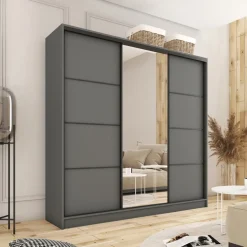 Szafy Trzydrzwiowe|Szafy Do Przedpokoju></noscript>BROMARKT Trzydrzwiowa szafa przesuwna z lustrem do sypialni 180 cm LOFT grafit