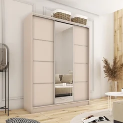 Zestawy Mebli Do Przedpokoju|Szafy Trzydrzwiowe></noscript>BROMARKT Trzydrzwiowa szafa przesuwna z lustrem 150 cm TOP MAX beż beż piaskowy