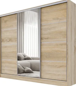 Zestawy Mebli Do Przedpokoju|Szafy Trzydrzwiowe>BROMARKT Trzydrzwiowa szafa przesuwna z lustrem 200 cm BEST dąb sonoma