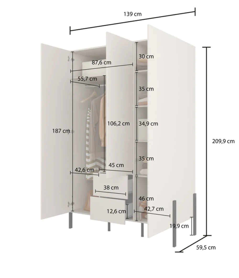 Meble Młodzieżowe|Zestawy Mebli Do Sypialni>Helvetia Trzydrzwiowa szafa uchylna do sypialni 139 cm kaszmir JUKON