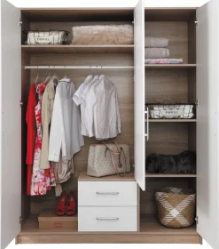 Garderoby|Meble Dla Dzieci>MEBLAR Trzydrzwiowa szafa z półkami do sypialni 150 cm szuflady SEVAS kaszmir