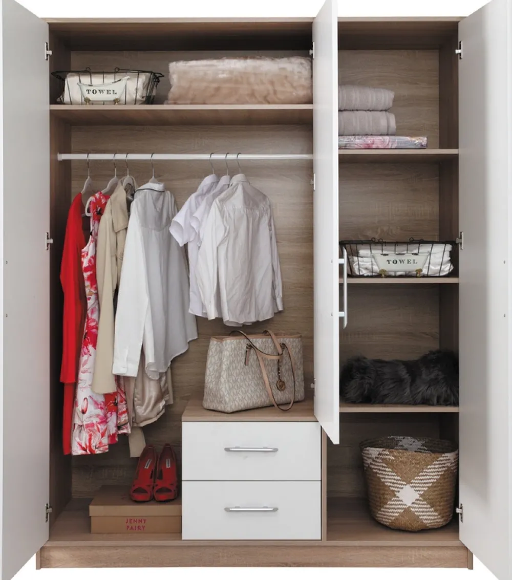 Garderoby|Meble Dla Dzieci>MEBLAR Trzydrzwiowa szafa z półkami do sypialni 150 cm szuflady SEVAS dąb artisan