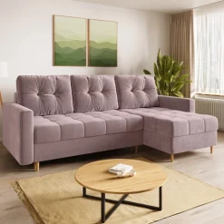 Meble Dla Dzieci|Meble Młodzieżowe>BROMARKT Welurowy różowy narożnik z funkcją spania i pojemnikiem na pościel LIZBONA