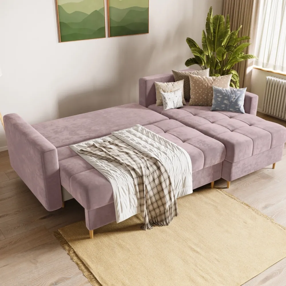 Meble Dla Dzieci|Meble Młodzieżowe>BROMARKT Welurowy różowy narożnik z funkcją spania i pojemnikiem na pościel LIZBONA