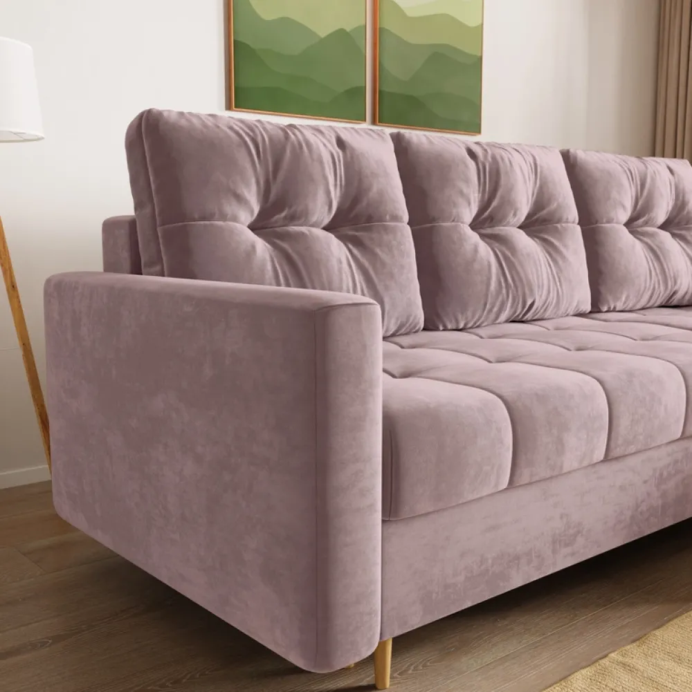 Meble Dla Dzieci|Meble Młodzieżowe>BROMARKT Welurowy różowy narożnik z funkcją spania i pojemnikiem na pościel LIZBONA