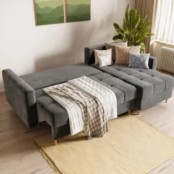 Meble Dla Dzieci|Meble Młodzieżowe>BROMARKT Welurowy szary narożnik z funkcją spania i pojemnikiem na pościel LIZBONA