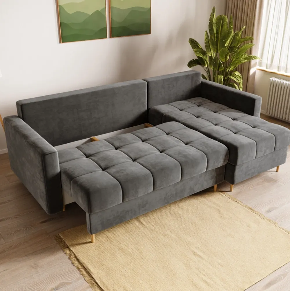 Meble Dla Dzieci|Meble Młodzieżowe>BROMARKT Welurowy szary narożnik z funkcją spania i pojemnikiem na pościel LIZBONA