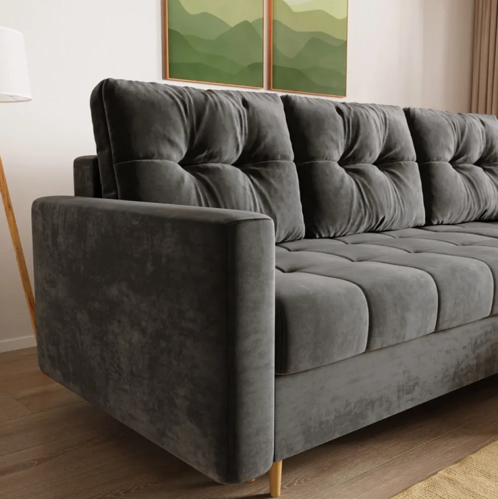 Meble Dla Dzieci|Meble Młodzieżowe>BROMARKT Welurowy szary narożnik z funkcją spania i pojemnikiem na pościel LIZBONA